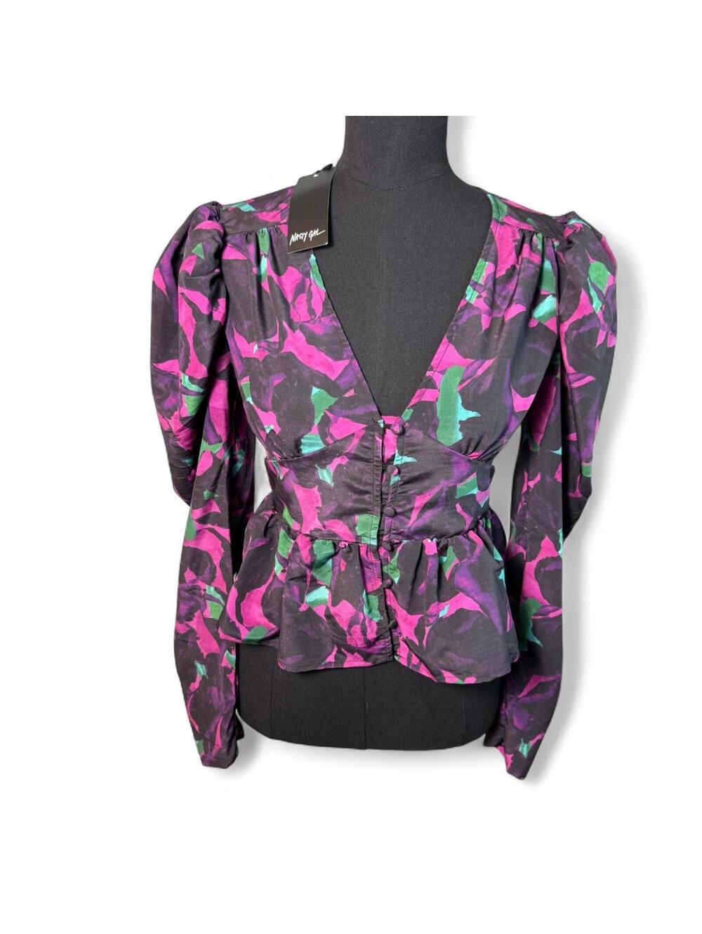 NWT Nasty Gal Whimsigoth Purple Puff Sleeve Blouse with Corset Waist sz 6